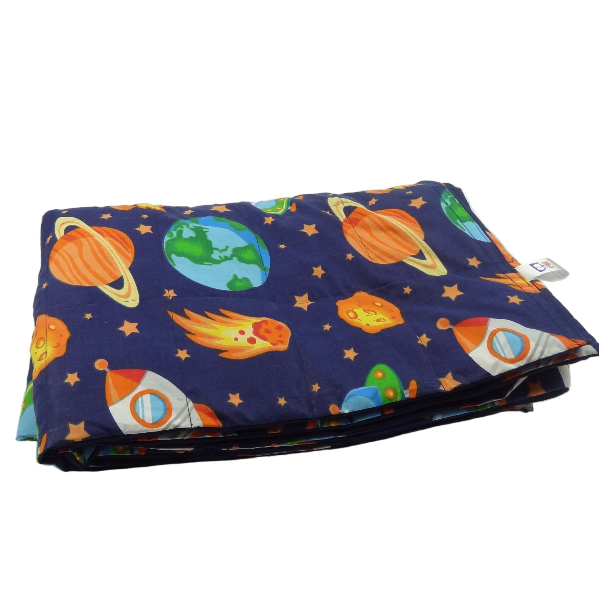 Folded weighted blanket with galaxy-themed design on a white background