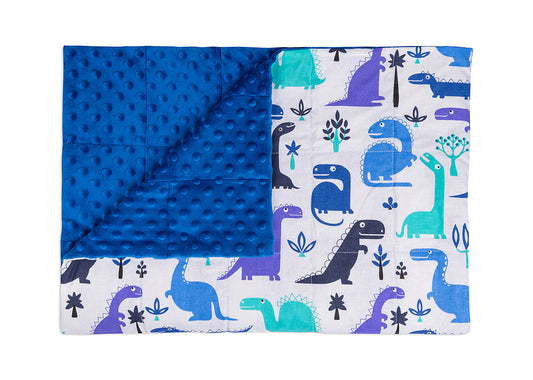 100x150cm, Dino Cotton Print & Cobalt Plush Weighted Blanket, 4.5kg