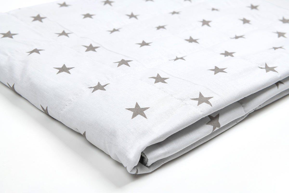 GREY STARS WEIGHTED BLANKET close up to the print