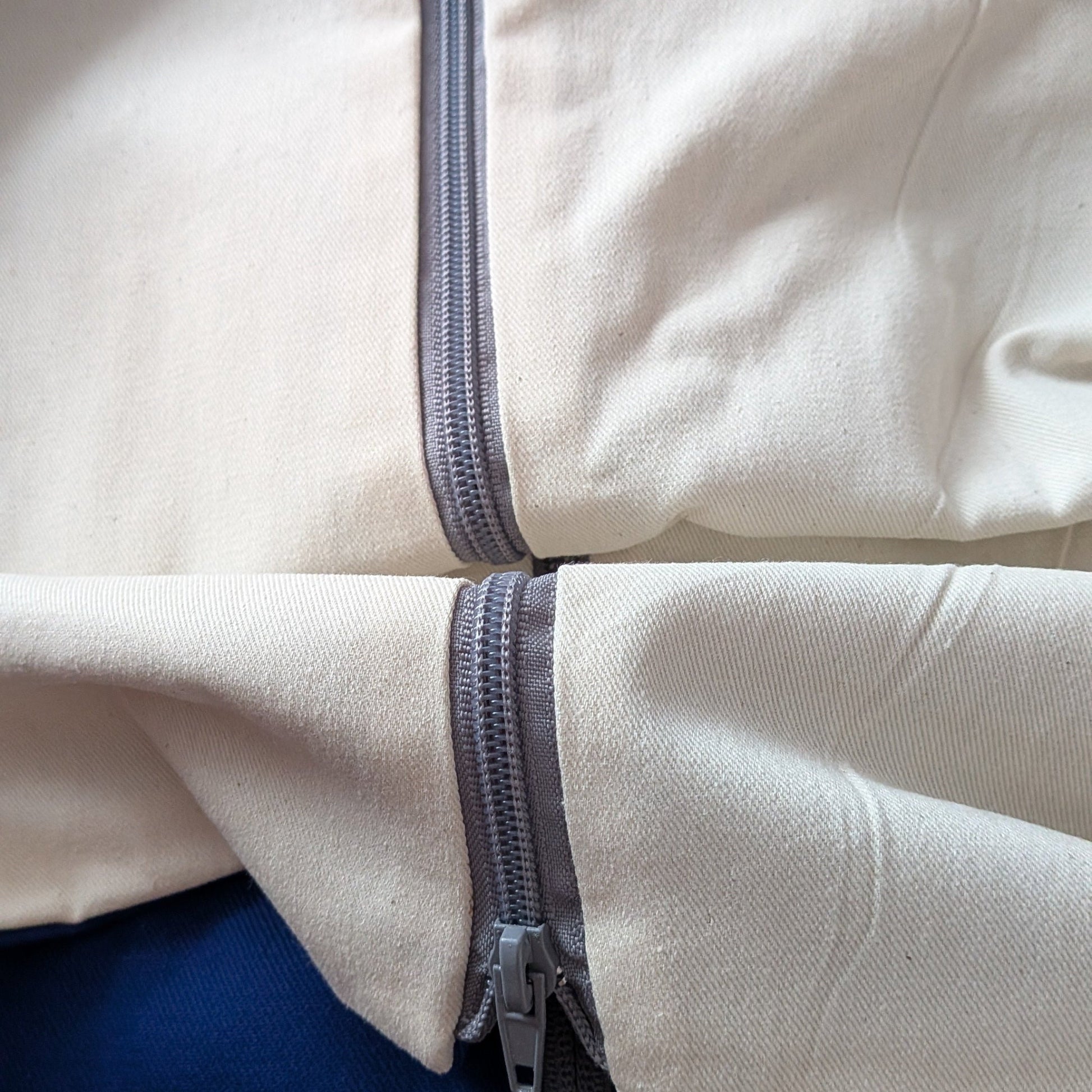 Close-up of a blue and white fabric with a zipper