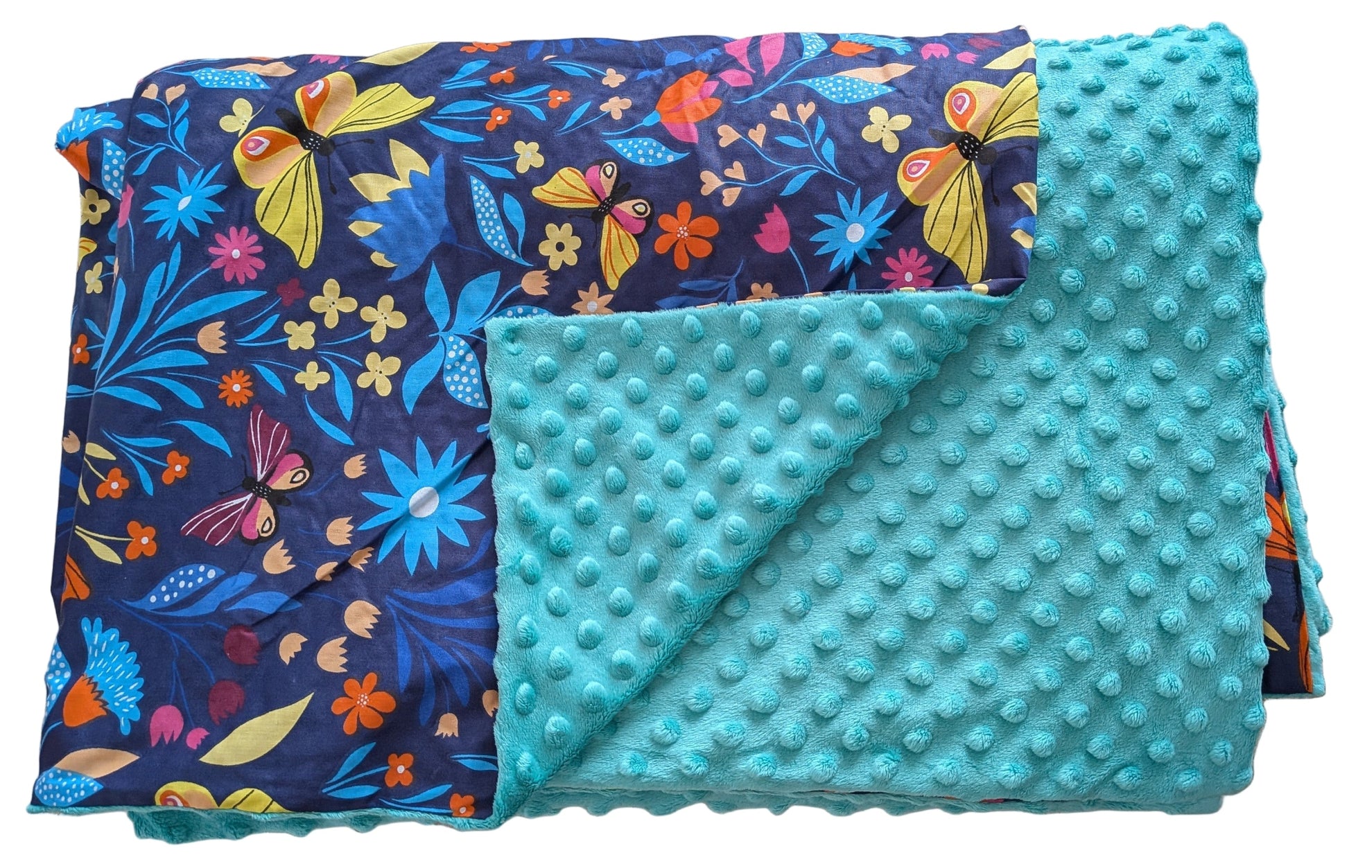 Folded blanket cover with floral pattern on one side and turquoise textured pattern on the other, on a white background.