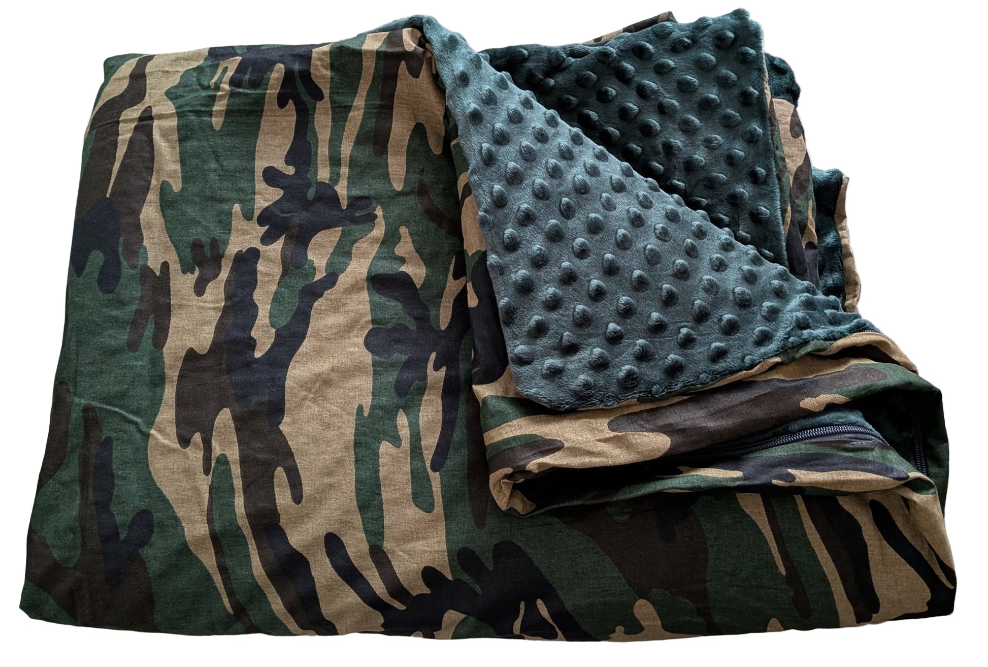 Camouflage blanket cover and emerald green on a white backgroud