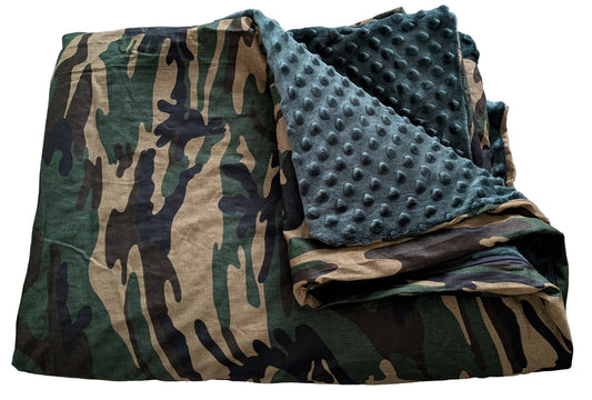 Camouflage blanket cover and emerald green on a white backgroud