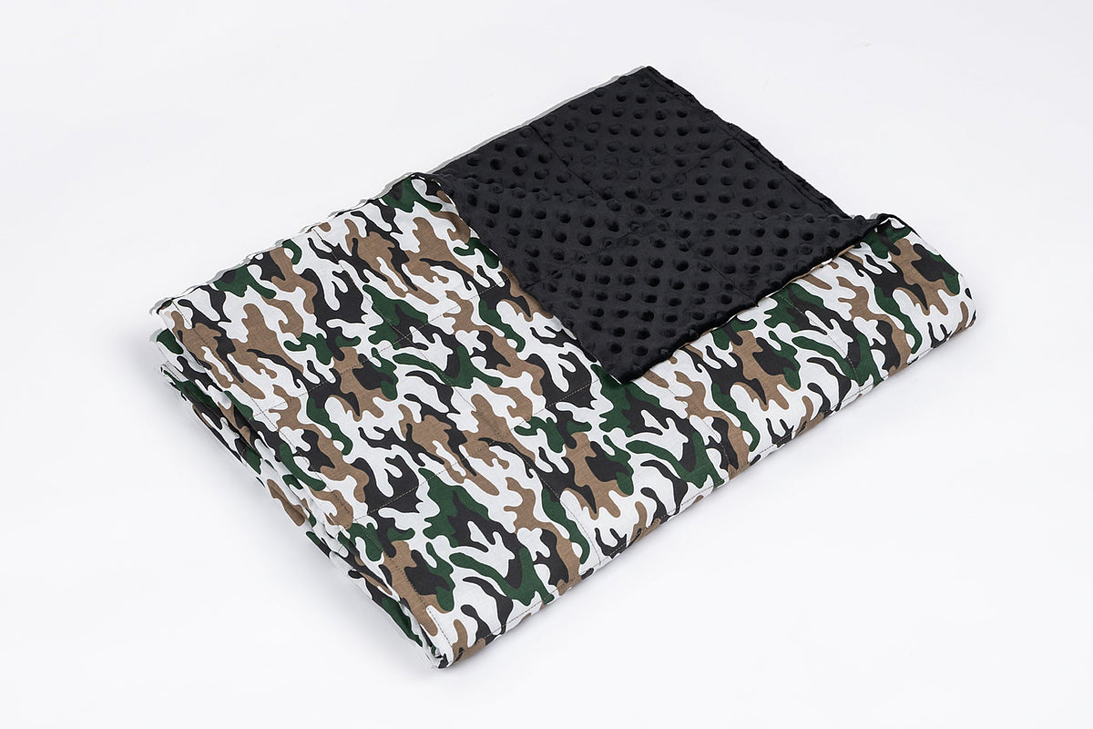 CAMO PATTERN WEIGHTED BLANKET side with black plush backing
