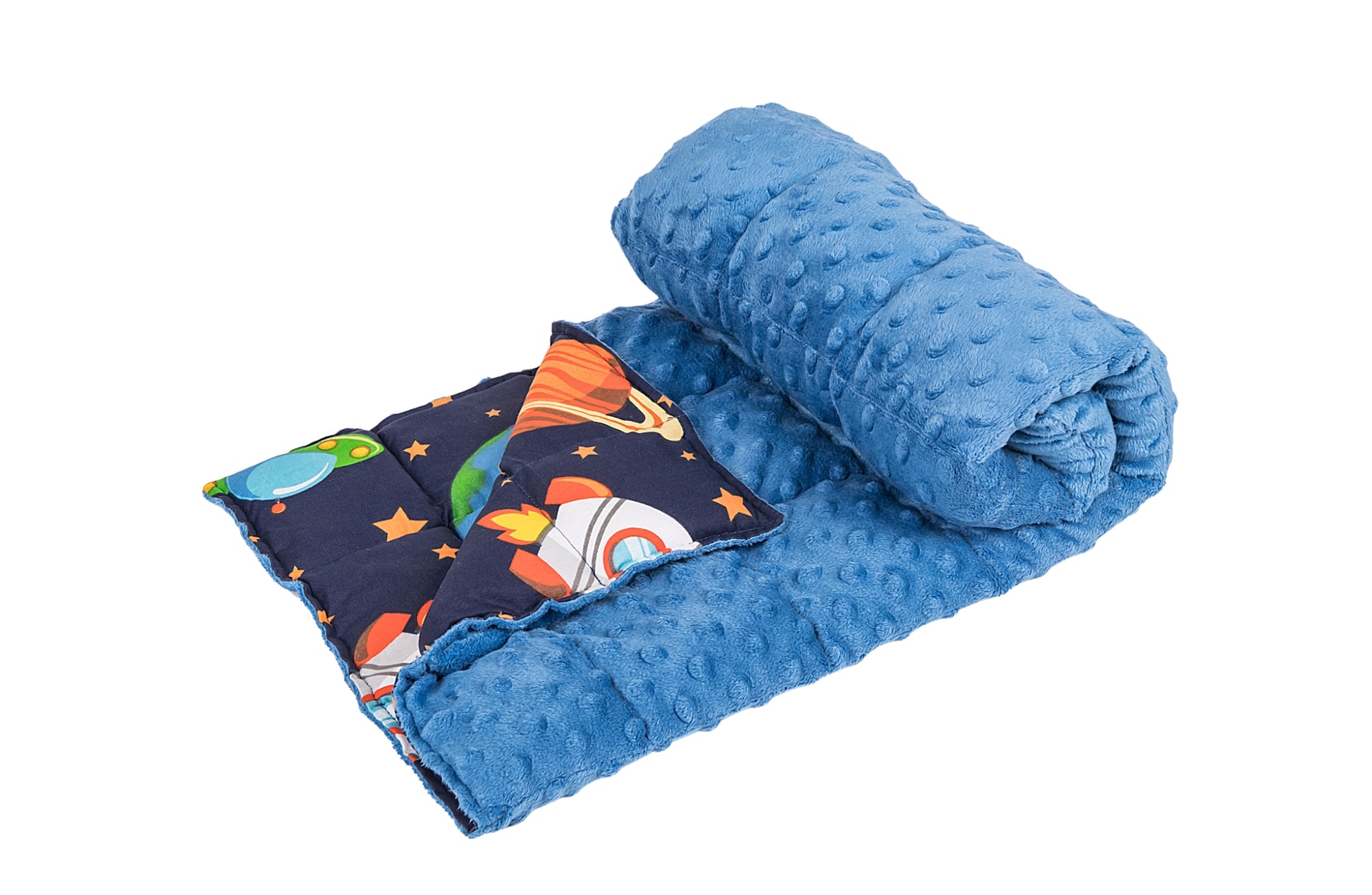 Galaxy Pattern Weighted Blanket with blue minky backing