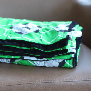 FOOTBALL MINKY WEIGHTED BLANKET WITH GREEN COTTON BLACK MINKY BACKING